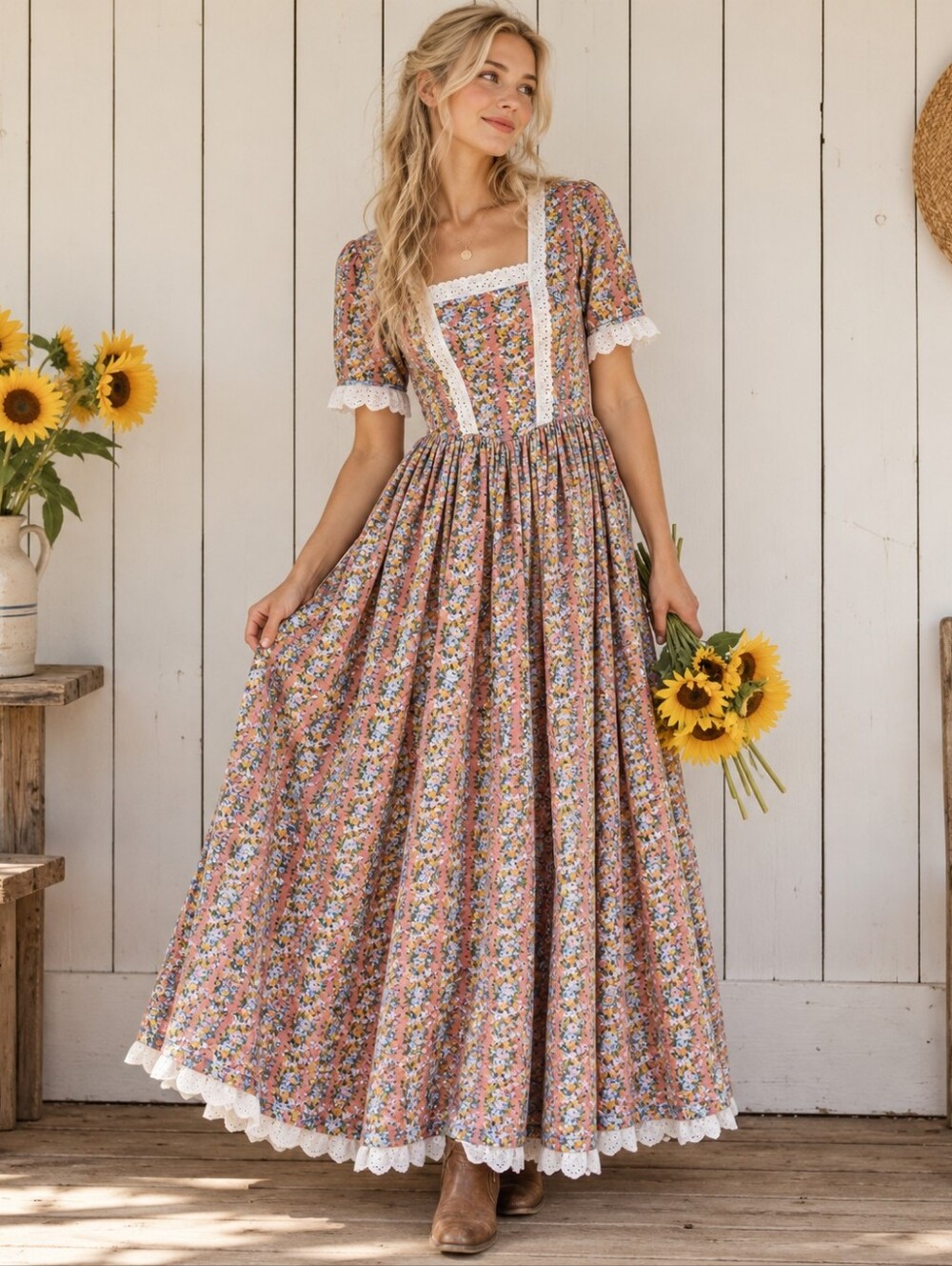 Vintage Handmade Floral Prairiecore Maxi Dress Size S/M Ruffle Lace Detail